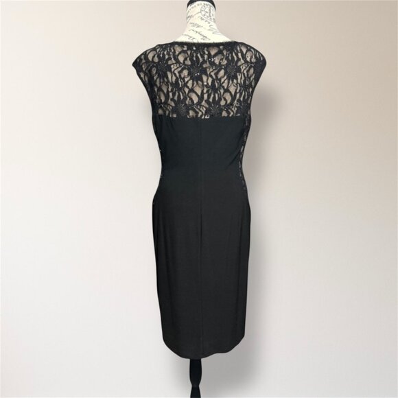 Ralph Lauren Black Sequin Lace Illusion Sheath Midi Dress Ruched Waist Cocktail - Picture 4 of 8